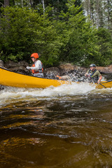 Group of people paddling the whitewater of the Noire River in Quebec, Canada.