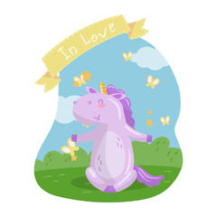 Cute unicorn character sitting on green lawn in summer day, In love vector Illustration in cartoon style, design element for poster or banner