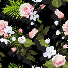 Various blossom seamless pattern Vector flowered Texture on black background 