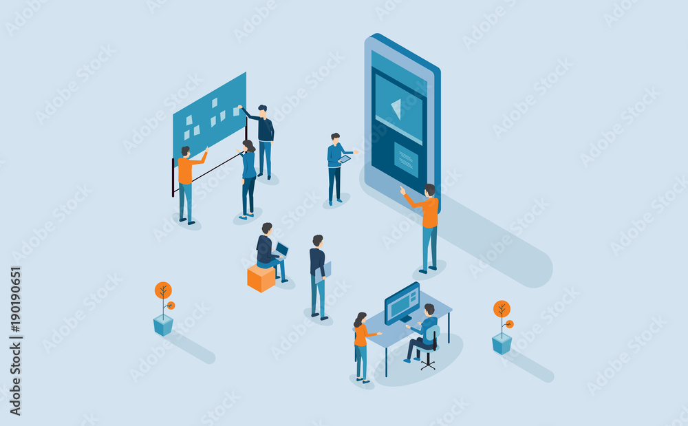 Aufkleber mobile application design  and development process .with isometric  group business team  working and project brainstorming concept
