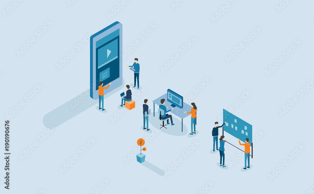 Poster mobile application design  and development process .with isometric  group business team  working and project brainstorming concept
