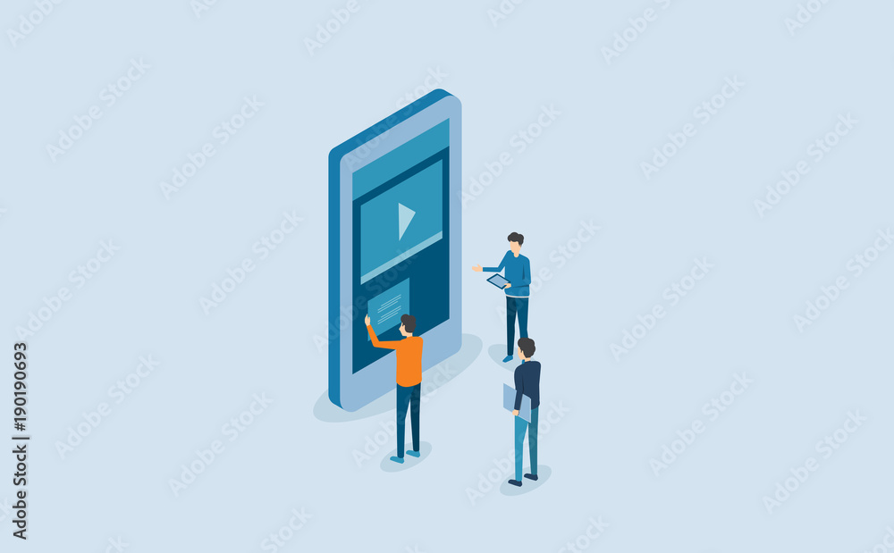 Poster mobile application design  and development process .with isometric  group business team  working and project brainstorming concept
