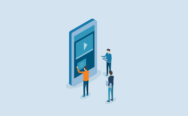 mobile application design  and development process .with isometric  group business team  working and project brainstorming concept
