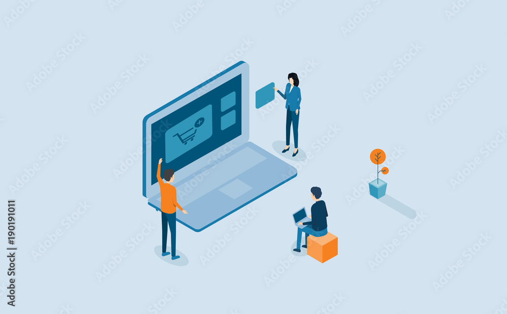 Aufkleber web develop and web design process with isometric flat people business team working  and project brainstorming concept