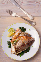 Roasted sea bream with spinach. Dorado or dorada fish fillet on white plate