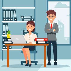 Business people group, workers in office interior vector illustration in cartoon style