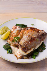Roasted sea bream with spinach. Dorado or dorada fish fillet on white plate