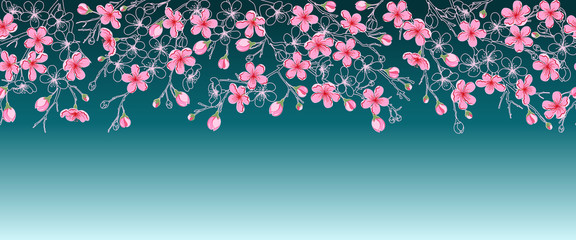 Horizontal seamless pattern with pink sakura flowers and their contour. Isolated background.