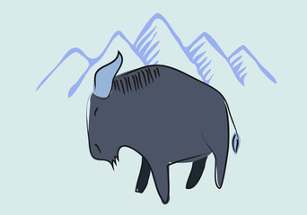 Yak cartoon drawing with mountain background