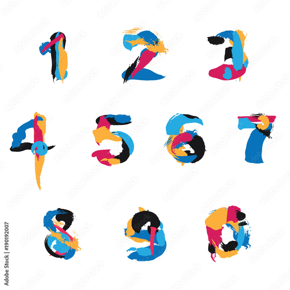 Aufkleber vector set with brush strokes numbers from 0 to 9 and zero. hand drawn bright elements
