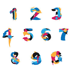Vector set with brush strokes numbers from 0 to 9 and zero. Hand drawn bright elements