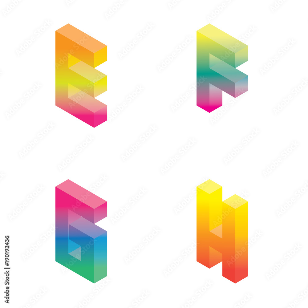 Poster vector set with gradient isometric letters e f g h in bright colors isolated on white.