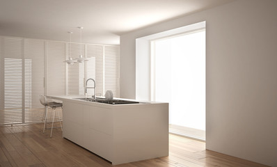 Fototapeta na wymiar Modern white kitchen with island and big window, minimalist architecture interior design