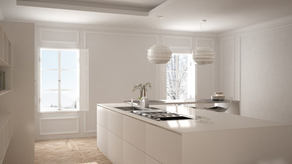 Fototapeta na wymiar Modern kitchen in classic interior, island with stools and two big window, white architecture interior design