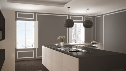 Modern kitchen in classic interior, island with stools and two big window, white and gray architecture interior design