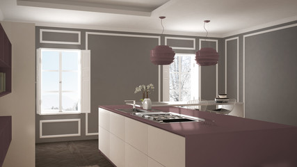 Modern kitchen in classic interior, island with stools and two big window, white and purple red architecture interior design