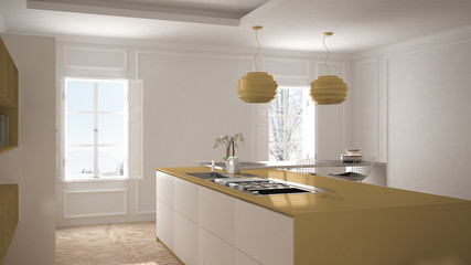 Modern kitchen in classic interior, island with stools and two big window, white and yellow architecture interior design