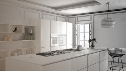 Unfinished project of modern kitchen furniture in classic room, old parquet, minimalist architecture interior design