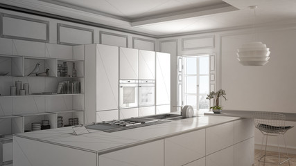 Unfinished project of modern kitchen furniture in classic room, old parquet, minimalist architecture interior design