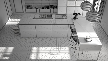 Unfinished project of modern kitchen furniture in classic room, old parquet, minimalist architecture interior design