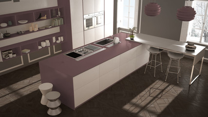 Modern kitchen in classic interior, island with stools and two big window, top view, white and purple red architecture interior design