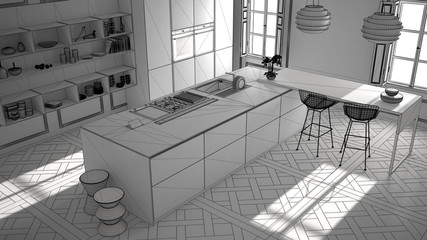 Unfinished project of modern kitchen furniture in classic room, old parquet, minimalist architecture interior design