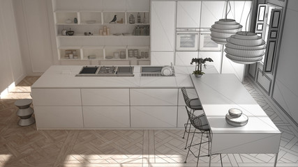 Unfinished project of modern kitchen furniture in classic room, old parquet, minimalist architecture interior design