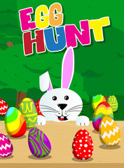 Egg hunt invitation, Easter bunny with colored eggs on a desk and the background. Vector cartoon character illustration.
