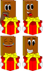 Books holding big gift box. Cartoon book collection with happy faces. Expressions vector set.