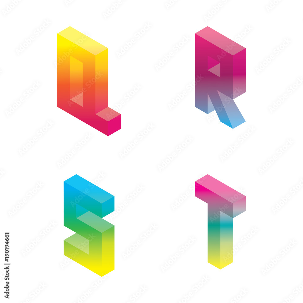 Poster vector set with gradient isometric letters q r s t in bright colors isolated on white.