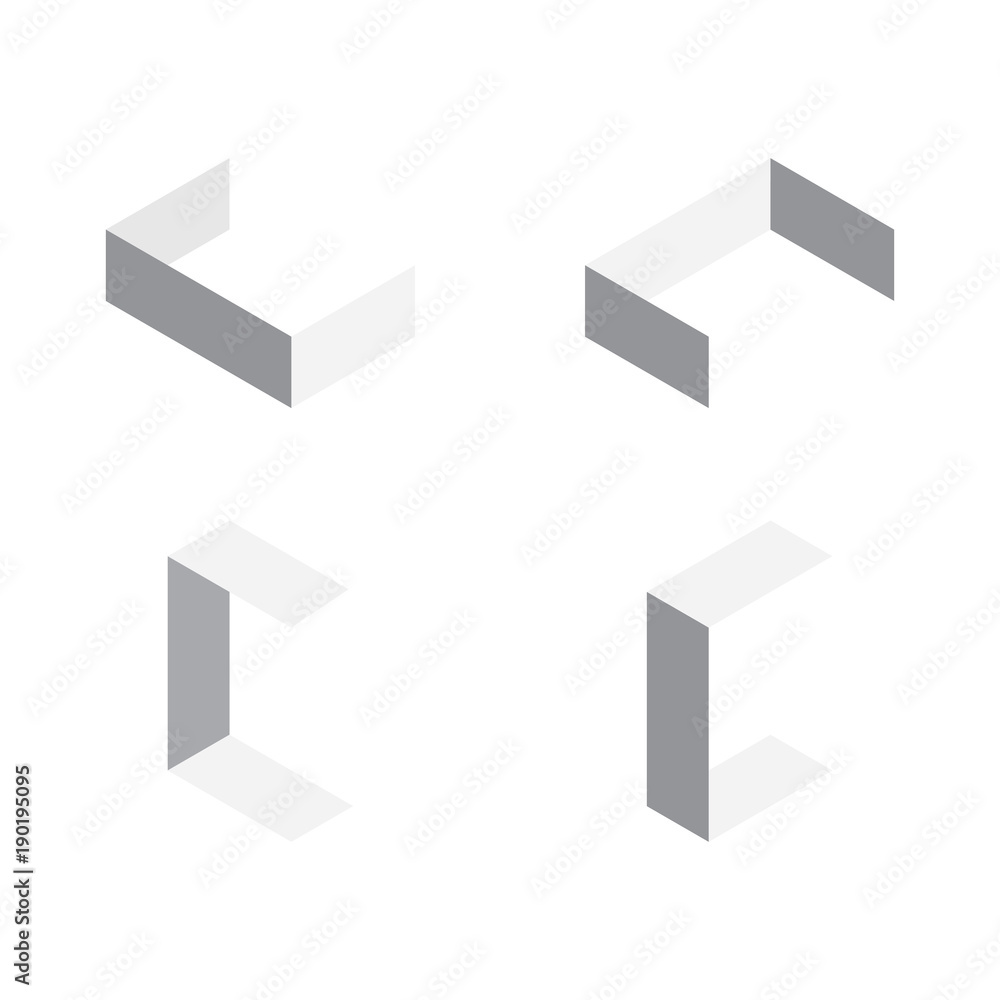 Poster vector isometric letters c in various foreshortening views. edge outline alphabet