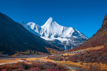 Autumn scenery in Yading Nature Reserve, Daocheng county, Ganzi Tibetan Autonomous Prefecture, Sichuan province of China. The holy peak Yangmaiyong (Jampelyang) can been seen in the background. - obrazy, fototapety, plakaty