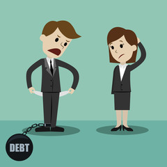 Businessman and businesswoman standing and showing his empty pocket, turning his pocket inside out, no money. Bankruptcy because of debt. Vector illustration