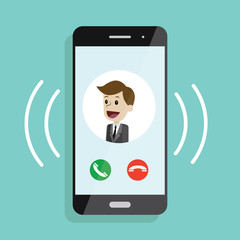 Incoming call. Smartphone with call screen with man. Ready for answer concept. Modern flat design graphic elements and objects for business. Vector illustration