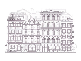 Monochrome Europe city street scene with old european houses facades. Modern town neighborhood skyline with old townhouse residential buildings in line art. Outline San Francisco cityscape background.