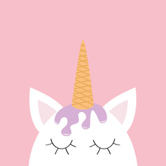 Cute unicorn head face. Ice cream hair. Wafer cone horn. Flat lay design. Pastel color. Cute cartoon kawaii baby character. Funny white horse. Happy Valentines Day. Love card. Pink background