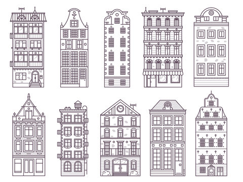 Traditional scandinavian and old europe house collection in thin line design. Traditional Amsterdam and Stockholm residential merchant homes, classic historic european townhouse buildings in lineart.