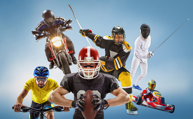 The conceptual multi sports collage with american football, hockey, cyclotourism, fencing, motor...