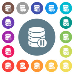 Database macro pause flat white icons on round color backgrounds