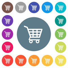Shopping cart flat white icons on round color backgrounds