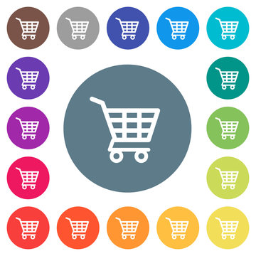 Shopping cart flat white icons on round color backgrounds