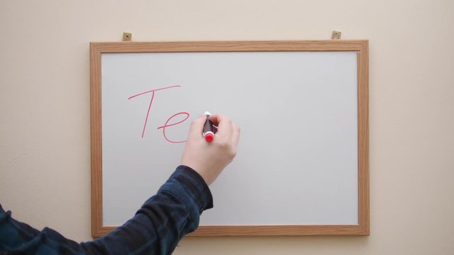 Hand with marker writing and erasing inscription Text on white board