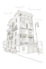 Vector sketch of street scene in Rome, Italy.