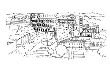 Vector sketch of The Coliseum or Flavian Amphitheatre, Rome, Italy.