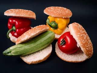 Vegetarian burger or Healthy food concept. Different fresh vegetables in burgers
