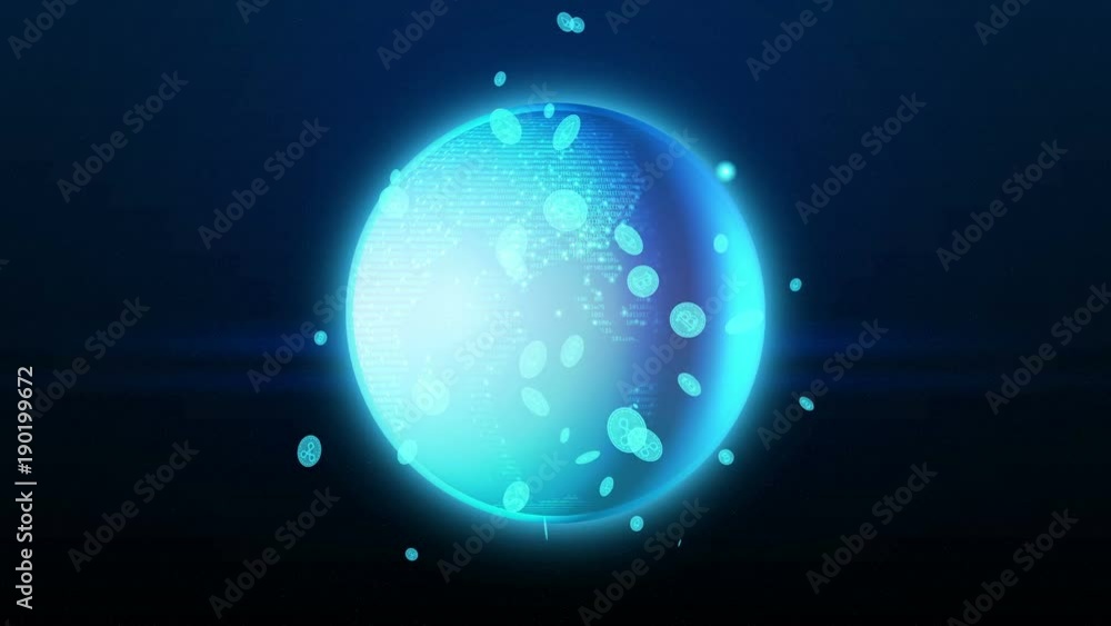 Aufkleber concept of world trade in crypto-currencies. 3d digital blue globe rotating loop with flying bitcoin