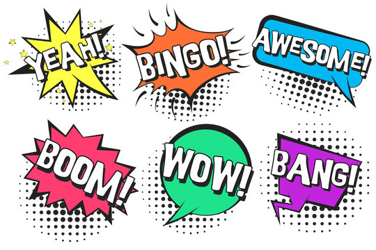 Bright contrast retro comic speech bubbles with colorful YEAH, BINGO, WOW, AWESOME, BANG. Black outline balloons with halftone shadow in pop art style for advertisement, comics book design, label