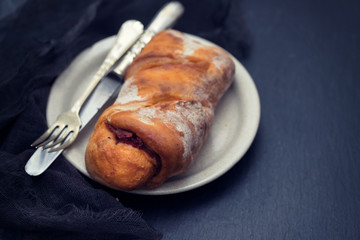 bread with smoked sausage on plate