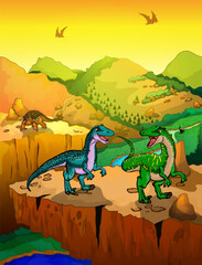 Cute cartoon velociraptors with landscape background. Vector illustration of a cartoon dinosaurs.