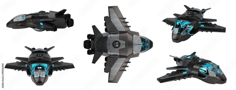 Poster Futuristic spacecraft collection isolated on white background 3D rendering